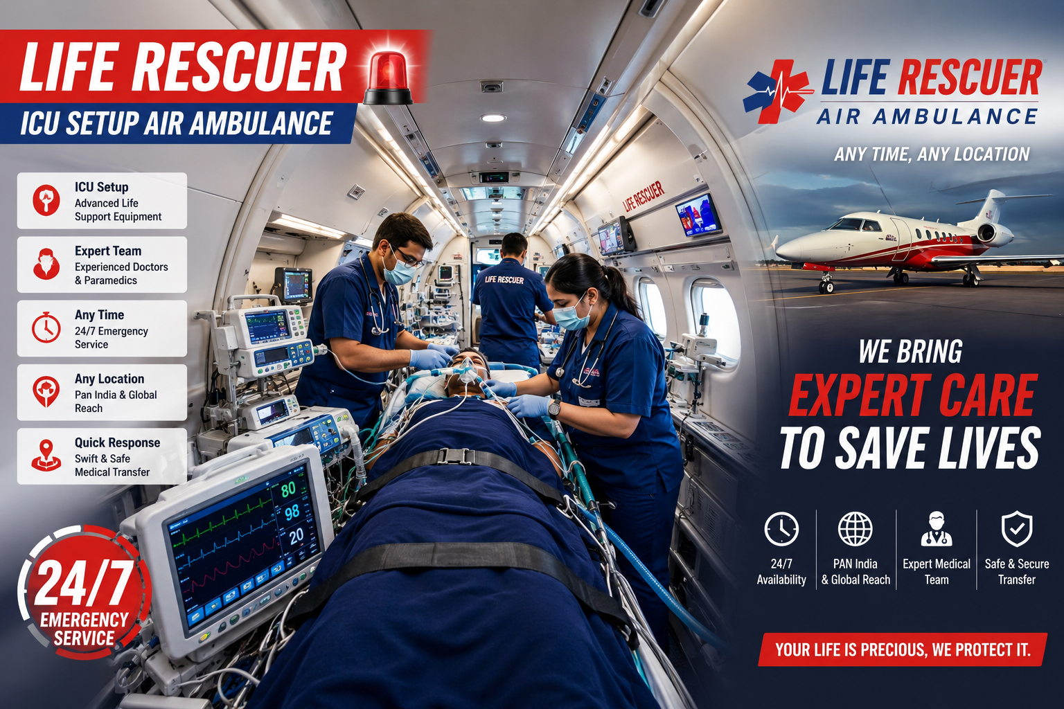 24/7 ICU Air Ambulance Service | Life Rescuer Emergency Medical Transport