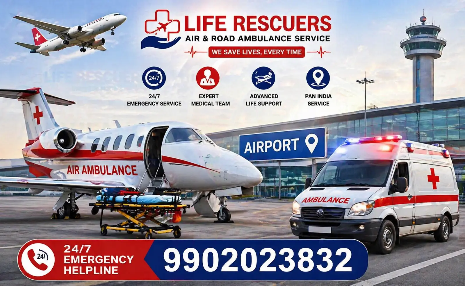 Life Rescuers Air Ambulance Service at airport with emergency medical transport and helpline 9902023832
